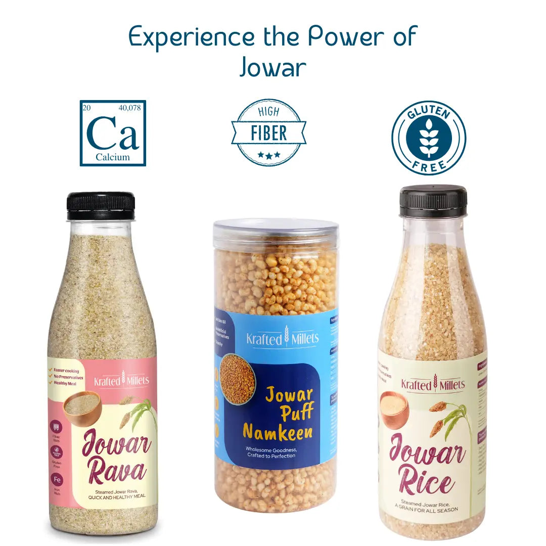 Krafted Millets Healthy Combo β Jowar Rice + Jowar Rava + Millet Namkeen β High Fiber, Gluten-Free, Protein-Rich.