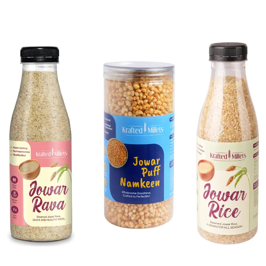 Krafted Millets Healthy Combo β Jowar Rice + Jowar Rava + Millet Namkeen β High Fiber, Gluten-Free, Protein-Rich.