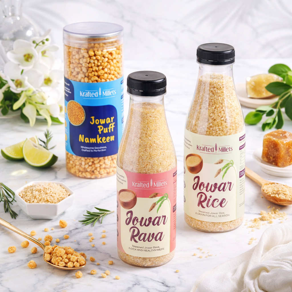 Krafted Millets Healthy Combo – Jowar Rice + Jowar Rava + Millet Namkeen