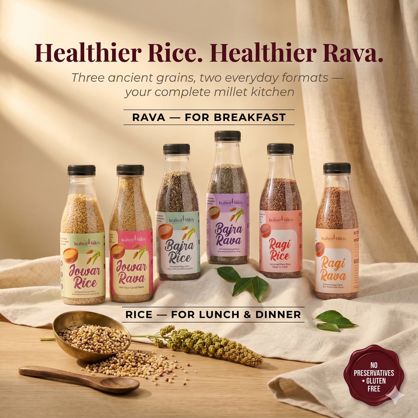 Millet Rice & Rava Pack of 6 Products (Jowar, Bajra, Ragi) | 2.3 kg