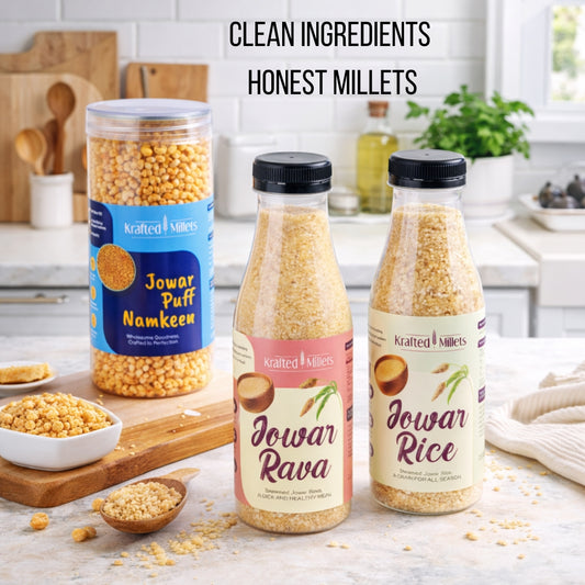 Krafted Millets Healthy Combo – Jowar Rice + Jowar Rava + Millet Namkeen